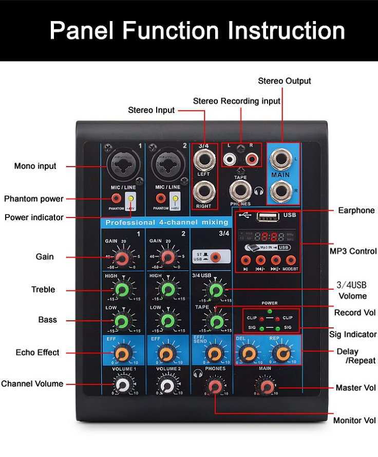 4 channel Mixing console mini audio dj mixer